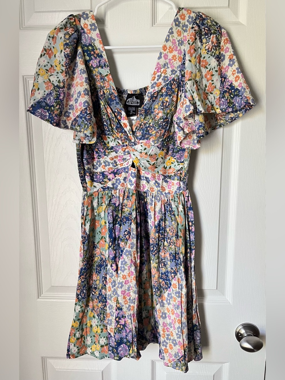 Angie Twist-Front Peekaboo Cutout Multi-Color Floral Midi Dress Flutter Sleeves